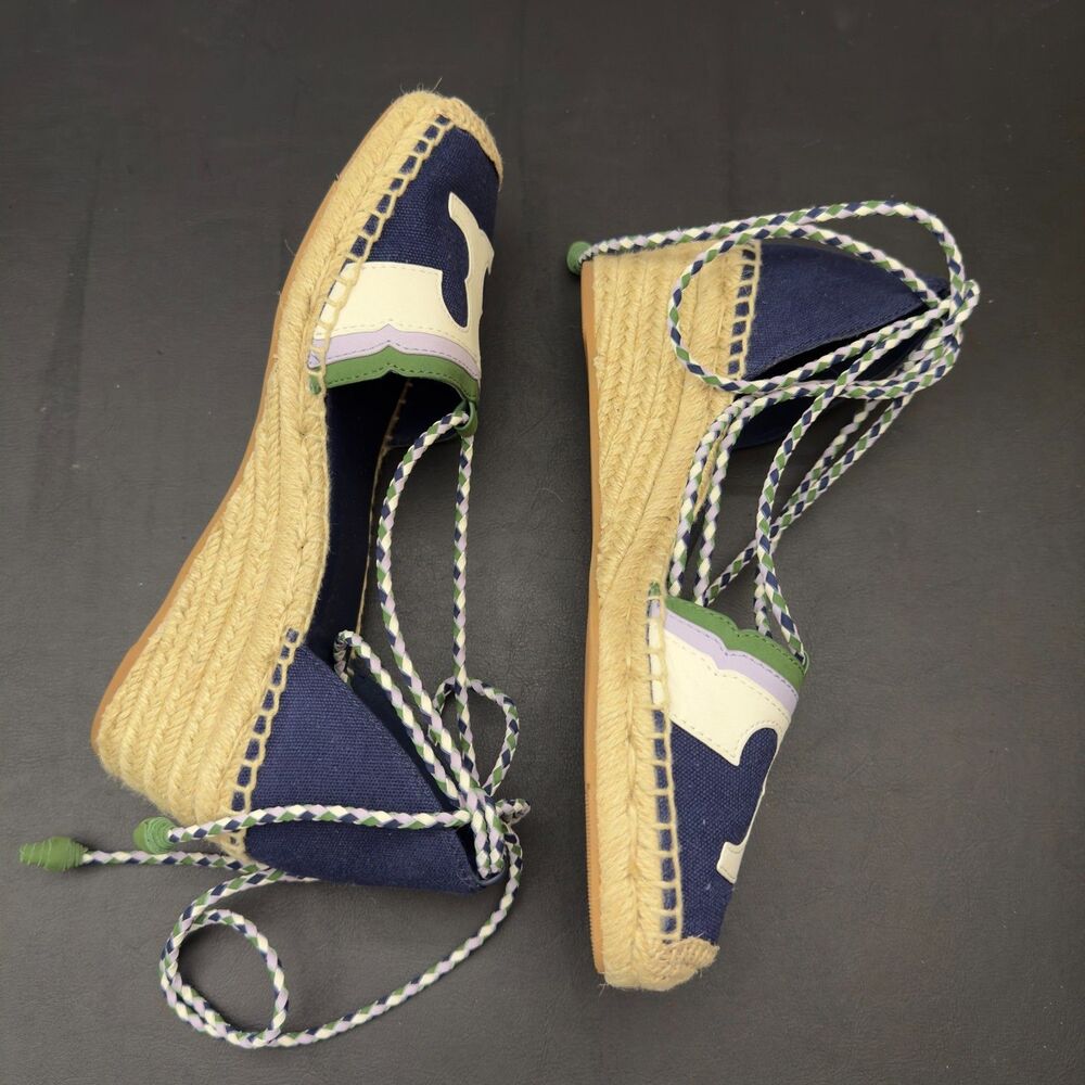 Tory Burch Laguna Espadrille Wedge Shoes Navy Blue Green Lace Up 8.5 NEW - Picture 2 of 9